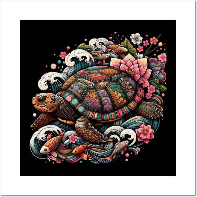 Flower Waves Floral Art Traditional Japanese Turtle Wall Art by Willie Biz Merch